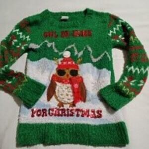 Christmas Sweater Kids S(6-6X) OWL BE HOME FOR CHRISTMAS Sequins Green